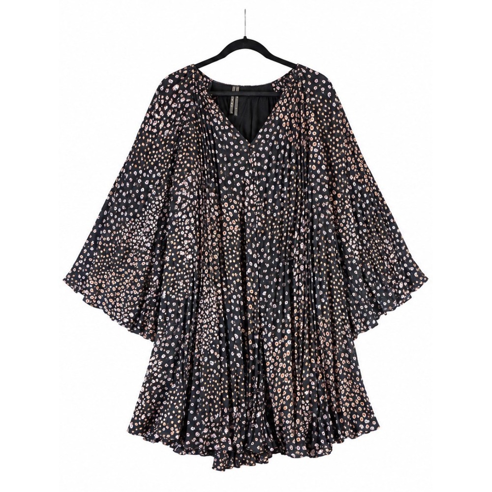Anthropologie Pleated Mini Dress Black Multicolor Animal Dot V-Neck Size M